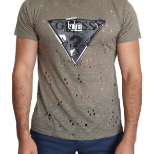 Guess Braunes Baumwoll-Stretch-T-Shirt mit Logodruck für Männer Casual Perforated T-Shirt