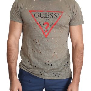 Guess Braunes Baumwoll-Stretch-T-Shirt mit Logodruck für Männer Casual Perforated T-Shirt