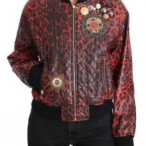 Dolce & Gabbana Rote Leopardenknopf-Kristall-Lederjacke
