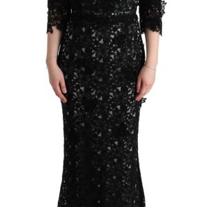 Dolce & Gabbana Schwarzes geblümtes langes Kleid aus Baumwollseide