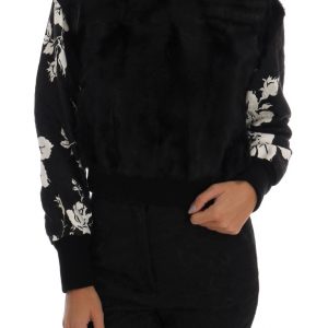 Dolce & Gabbana Schwarzer Pelz Floral Brokat Zipper Pullover