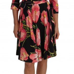 Dolce & Gabbana Schwarz-rosa Tulpenprint Stretch-Shiftkleid
