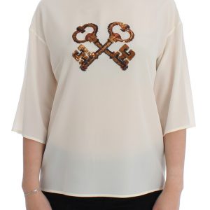 Dolce & Gabbana Weiße Pailletten-Schlüssel-Seidenbluse T-shirt Top